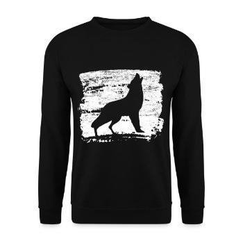 Heulender Wolf Silhouette Washed Grunge Geschenk - Unisex Pullover - Schwarz - Vorne - Alina (178cm) & Michal (187cm)