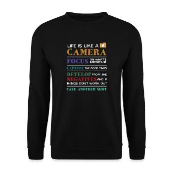 Life is Like A Camera Fotografie Fotograf Kamera - Unisex Pullover - Schwarz - Vorne - Alina (178cm) & Michal (187cm)