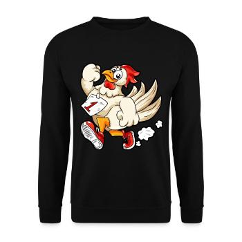 rennendes Huhn Startnummer 1 Marathon Läufer Comic - Unisex Pullover - Schwarz - Vorne - Alina (178cm) & Michal (187cm)
