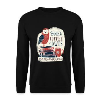 Bücher Kaffee und Eulen - Unisex Pullover - Schwarz - Vorne - Alina (178cm) & Michal (187cm)
