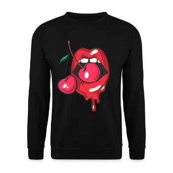 Rote Lippen und zwei Kirschen - Unisex Pullover - Schwarz - Vorne - Alina (178cm) & Michal (187cm)