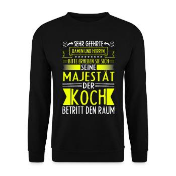 Lustiges Koch Geschenk DER KOCH BETRITT DEN RAUM - Unisex Pullover - Schwarz - Vorne - Alina (178cm) & Michal (187cm)
