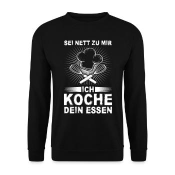 Lustiges Koch Geschenk ICH KOCHE DEIN ESSEN - Unisex Pullover - Schwarz - Vorne - Alina (178cm) & Michal (187cm)