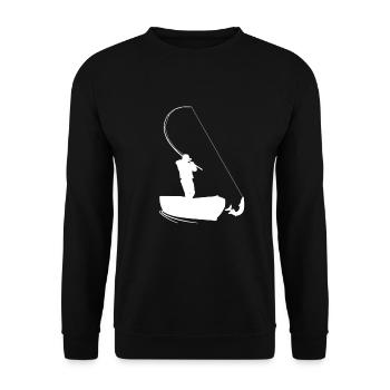 Angler drillt einen Hecht vom Boot weiß - Unisex Pullover - Schwarz - Vorne - Alina (178cm) & Michal (187cm)