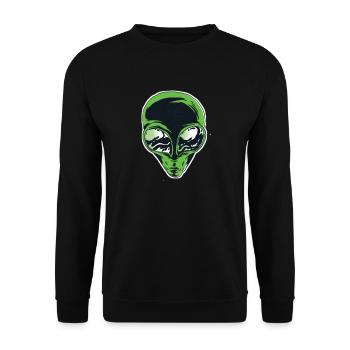 Alien Kopf mit großen Traurigen Augen in Grün - Unisex Pullover - Schwarz - Vorne - Alina (178cm) & Michal (187cm)