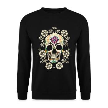 Blumen - Totenkopf - Unisex Pullover - Schwarz - Vorne - Alina (178cm) & Michal (187cm)