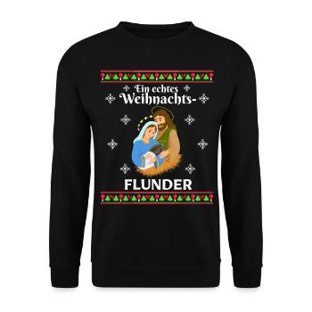 Ein echtes WeihnachtsFLUNDER - Unisex Pullover - Schwarz - Vorne - Alina (178cm) & Michal (187cm)