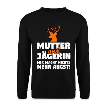 Mutter Jägerin Hirsch Jagd Geweih Jäger Wild Jagen - Unisex Pullover - Schwarz - Vorne - Alina (178cm) & Michal (187cm)