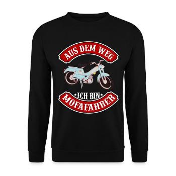 Aus dem Weg ich bin Mofafahrer Mofa Moped Geschenk - Unisex Pullover - Schwarz - Vorne - Alina (178cm) & Michal (187cm)