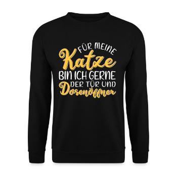 Für meine Katze bin ich Tür und Dosenöffner Spruch - Unisex Pullover - Schwarz - Vorne - Alina (178cm) & Michal (187cm)