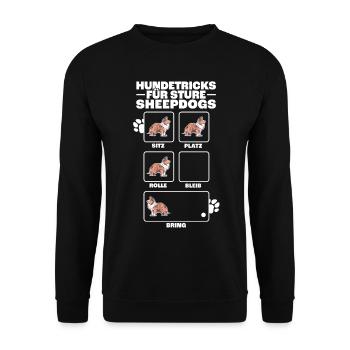Shetland Sheepdog Hundetricks Sheltie Geschenk - Unisex Pullover - Schwarz - Vorne - Alina (178cm) & Michal (187cm)