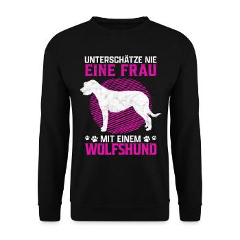 Frau mit Irischer Wolfshund Windhund Spruch - Unisex Pullover - Schwarz - Vorne - Alina (178cm) & Michal (187cm)