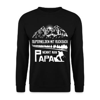 Wandern Superhelden Mit Rucksack nennt man Papa - Unisex Pullover - Schwarz - Vorne - Alina (178cm) & Michal (187cm)