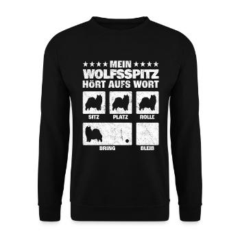 Wolfsspitz Hundetricks deutscher Spitz Spruch - Unisex Pullover - Schwarz - Vorne - Alina (178cm) & Michal (187cm)