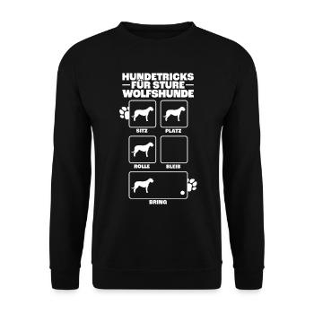 Irischer Wolfshund Hundetricks Windhund Geschenk - Unisex Pullover - Schwarz - Vorne - Alina (178cm) & Michal (187cm)