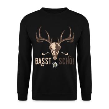 Basst Scho Hirsch Geweih Bayern Bayrischer Dialekt - Unisex Pullover - Schwarz - Vorne - Alina (178cm) & Michal (187cm)
