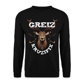 Greiz Kruzifix Fluchen bayrischer Dialekt Hirsch - Unisex Pullover - Schwarz - Vorne - Alina (178cm) & Michal (187cm)