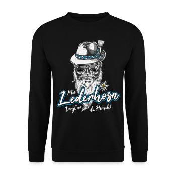 Mei Lederhosn trogt no da Hirsch Ersatz Tracht Bua - Unisex Pullover - Schwarz - Vorne - Alina (178cm) & Michal (187cm)
