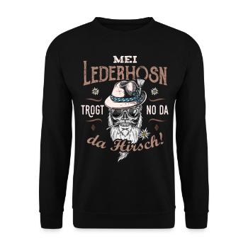 Lustige Sprüche Mei Lederhosn Hirsch - Unisex Pullover - Schwarz - Vorne - Alina (178cm) & Michal (187cm)