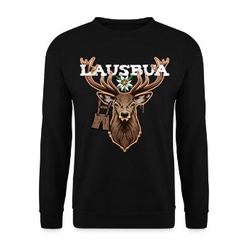 Lausbua Hirsch Lederhose Bayrischer Bua Tracht - Unisex Pullover - Schwarz - Vorne - Alina (178cm) & Michal (187cm)