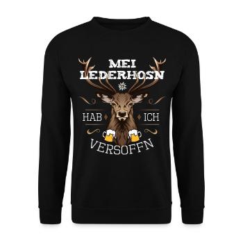 Mei Lederhosn hab i versoffn Tracht Saufen Bayern - Unisex Pullover - Schwarz - Vorne - Alina (178cm) & Michal (187cm)