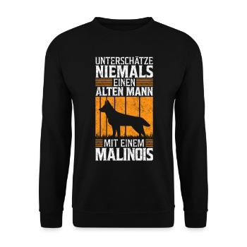Alter Mann mit Malinois Belgischer Schäferhund - Unisex Pullover - Schwarz - Vorne - Alina (178cm) & Michal (187cm)