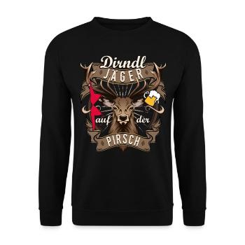 Dirndl Jäger auf der Pirsch Hirsch Lustige Sprüche - Unisex Pullover - Schwarz - Vorne - Alina (178cm) & Michal (187cm)