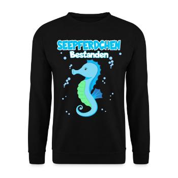 Seepferdchen Bestanden Schwimmabzeichen - Unisex Pullover - Schwarz - Vorne - Alina (178cm) & Michal (187cm)