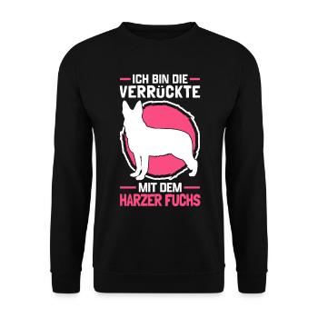Verrückte mit Harzer Fuchs altdeutscher Hütehund - Unisex Pullover - Schwarz - Vorne - Alina (178cm) & Michal (187cm)