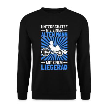 Alter Mann mit Liegerad Radfahrer Liegefahrrad - Unisex Pullover - Schwarz - Vorne - Alina (178cm) & Michal (187cm)
