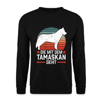 Die mit dem Tamaskan geht Wolf-Hund Tamaskan - Unisex Pullover - Schwarz - Vorne - Alina (178cm) & Michal (187cm)