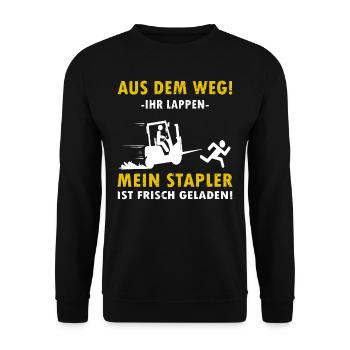 Aus dem Weg Gabelstaplerfahrer Fachlagerist - Unisex Pullover - Schwarz - Vorne - Alina (178cm) & Michal (187cm)