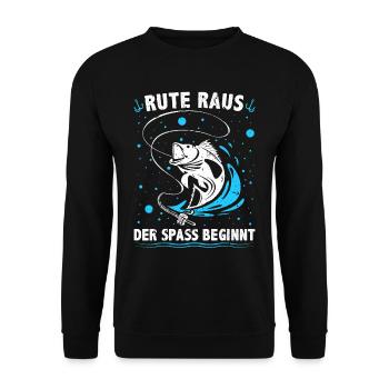 Angeln Rute raus der Spaß beginnt Hobbyangeln - Unisex Pullover - Schwarz - Vorne - Alina (178cm) & Michal (187cm)