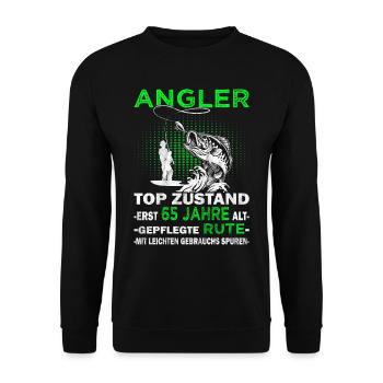 Sei kein Dummi - 65. Geburtstag Angler - Angeln - Unisex Pullover - Schwarz - Vorne - Alina (178cm) & Michal (187cm)
