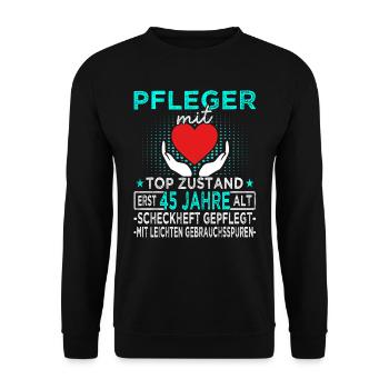 Pfleger 45 Jahre - Altenpfleger - Pflegekraft - Unisex Pullover - Schwarz - Vorne - Alina (178cm) & Michal (187cm)