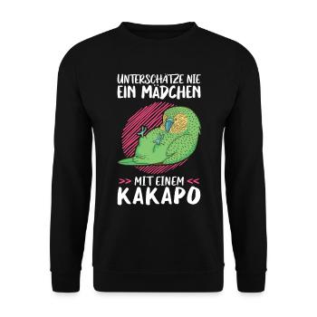 Mädchen mit Kakapo flugunfähiger Papagei - Unisex Pullover - Schwarz - Vorne - Alina (178cm) & Michal (187cm)