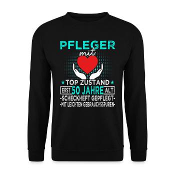 Pfleger 50 Jahre - Altenpfleger - Pflegekraft - Unisex Pullover - Schwarz - Vorne - Alina (178cm) & Michal (187cm)