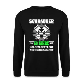 Schrauber erst 50 Jahre - Tuning - KFZ Mechaniker - Unisex Pullover - Schwarz - Vorne - Alina (178cm) & Michal (187cm)