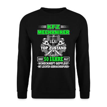 KFZ Mechaniker erst 50 Jahre - Tuning - Unisex Pullover - Schwarz - Vorne - Alina (178cm) & Michal (187cm)