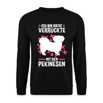 Verrückte mit Pekinese Peking-Palasthund - Unisex Pullover - Schwarz - Vorne - Alina (178cm) & Michal (187cm)