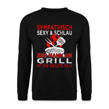 Der Mann am Grill - Fleisch - Grillen - Steak - Unisex Pullover - Schwarz - Vorne - Alina (178cm) & Michal (187cm)