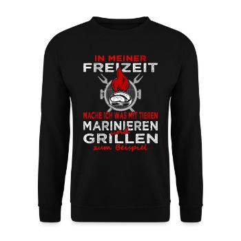 In meiner Freizeit Grillen - Fleisch - Steak - Unisex Pullover - Schwarz - Vorne - Alina (178cm) & Michal (187cm)