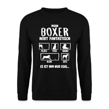 Mein Boxer hört fantastisch Hunde - Unisex Pullover - Schwarz - Vorne - Alina (178cm) & Michal (187cm)