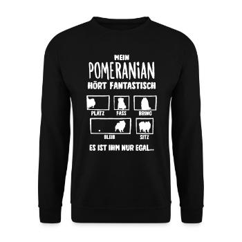 Mein Pomeranian hört fantastisch Hunde - Unisex Pullover - Schwarz - Vorne - Alina (178cm) & Michal (187cm)