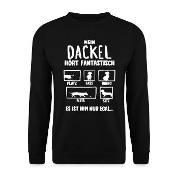 Mein Dackel hört fantastisch Hunde - Unisex Pullover - Schwarz - Vorne - Alina (178cm) & Michal (187cm)
