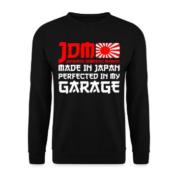 JDM Motorsport Auto Made In Japan Perfected Garage - Unisex Pullover - Schwarz - Vorne - Alina (178cm) & Michal (187cm)