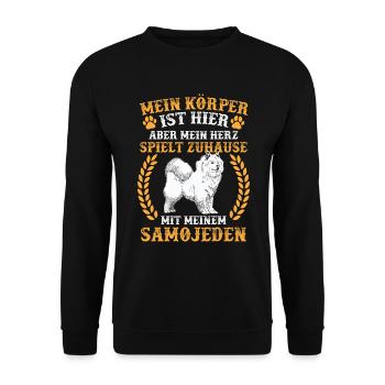 Samojede spielt zuhause Samojedenspitz - Unisex Pullover - Schwarz - Vorne - Alina (178cm) & Michal (187cm)