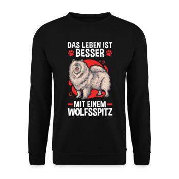 Leben mit Wolfsspitz deutscher Spitz Keeshond - Unisex Pullover - Schwarz - Vorne - Alina (178cm) & Michal (187cm)
