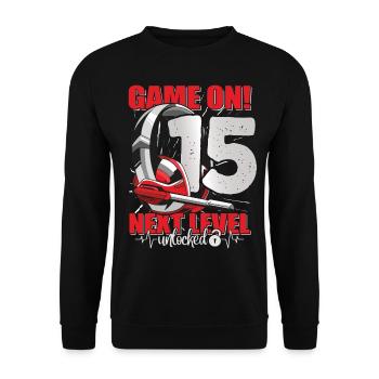 Next Level unlocked 15th Birthday Men's Gaming - Unisex Sweatshirt - black - Front - Alina (178cm) & Michal (187cm)