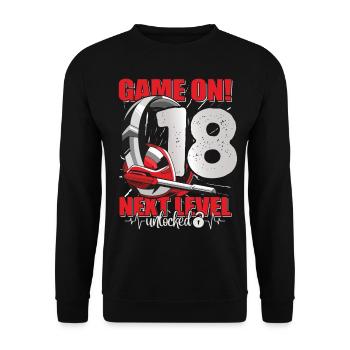 Next Level unlocked 18th Birthday Men's Gaming - Unisex Sweatshirt - black - Front - Alina (178cm) & Michal (187cm)